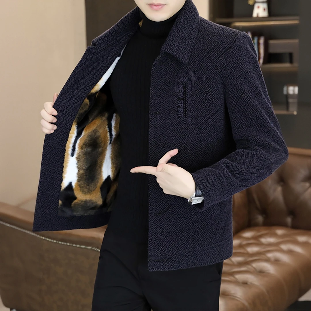 PinkAvril秋冬毛呢夹克男高档翻领加绒加厚保暖呢子修身短款外套
