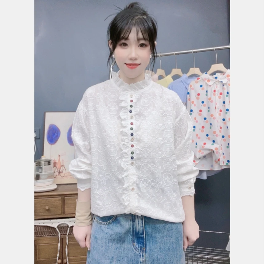 春季木耳花边领多扣刺绣衬衫时尚衬衣女装气质打底宽松百搭上衣女
