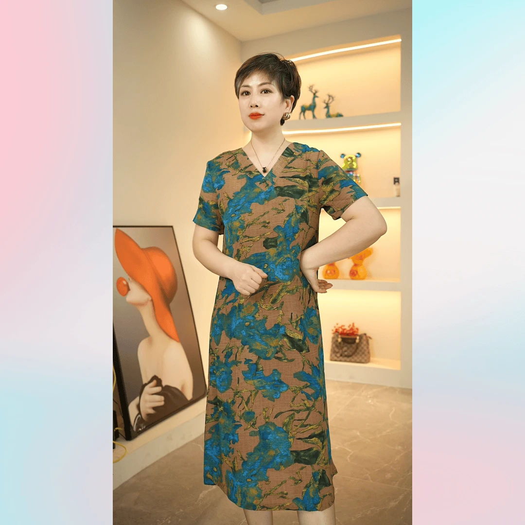 夏季新款遮肉显瘦蓝花花气质时尚妈妈装连衣裙