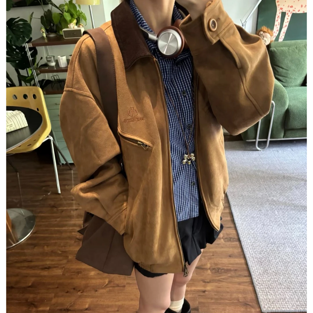复古巴恩风春秋外套女2025新款设计感小众百搭休闲棕色麂皮上衣潮