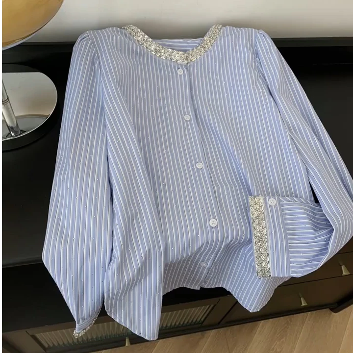 韩系重工镶钻亮片蓝色条纹衬衫外穿女设计感小众宽松慵懒风衬衣