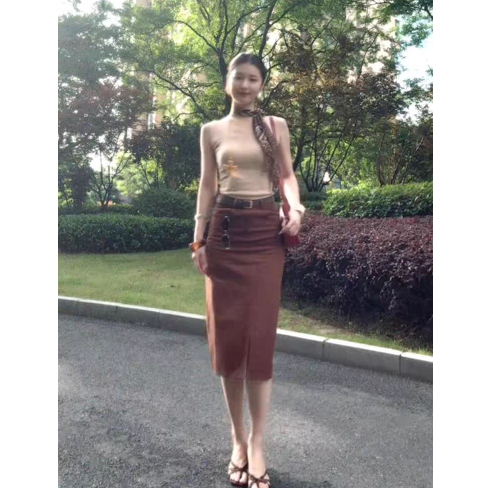 纯欲轻熟风纯色圆领无袖背心上衣女高腰限号包臀半身裙夏季两件套