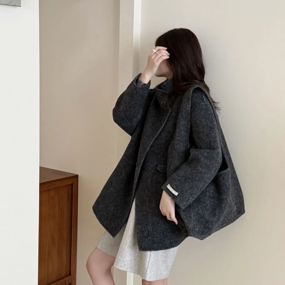 商场同款小个子长袖宽松复古休闲毛呢中长款立领外套设计师2517