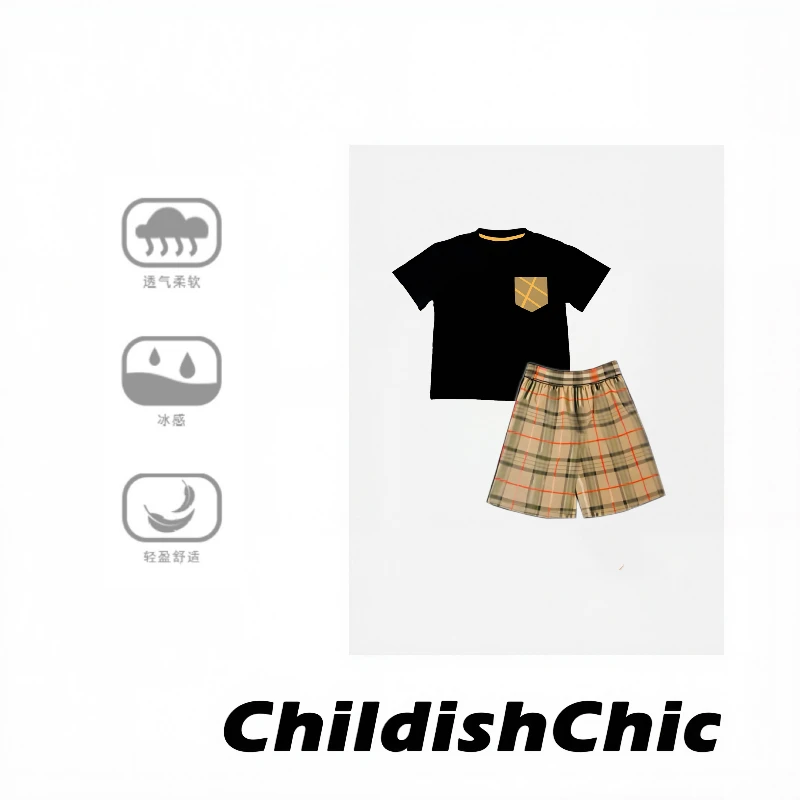 【Chicmigo高定童装】夏季新款冰感T恤轻奢短袖大格纹透气冰感童装
