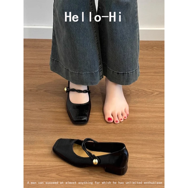 羊皮版~法式黑色简约玛丽珍鞋一字带小皮鞋通勤复古浅口方头单鞋