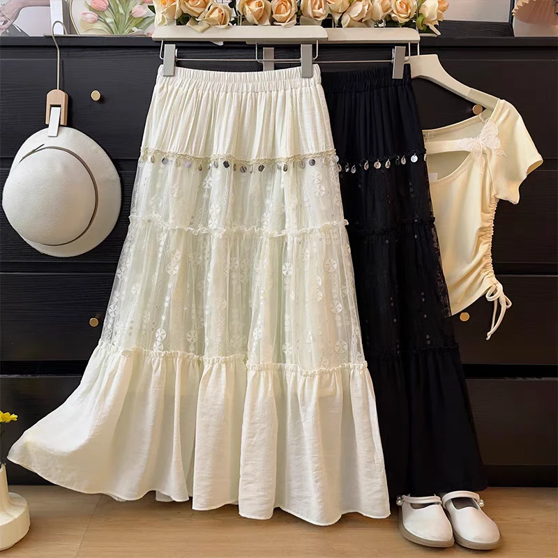 法式闪闪半身女春季木耳边高腰儿童裙子白色高腰a字女童西装裙