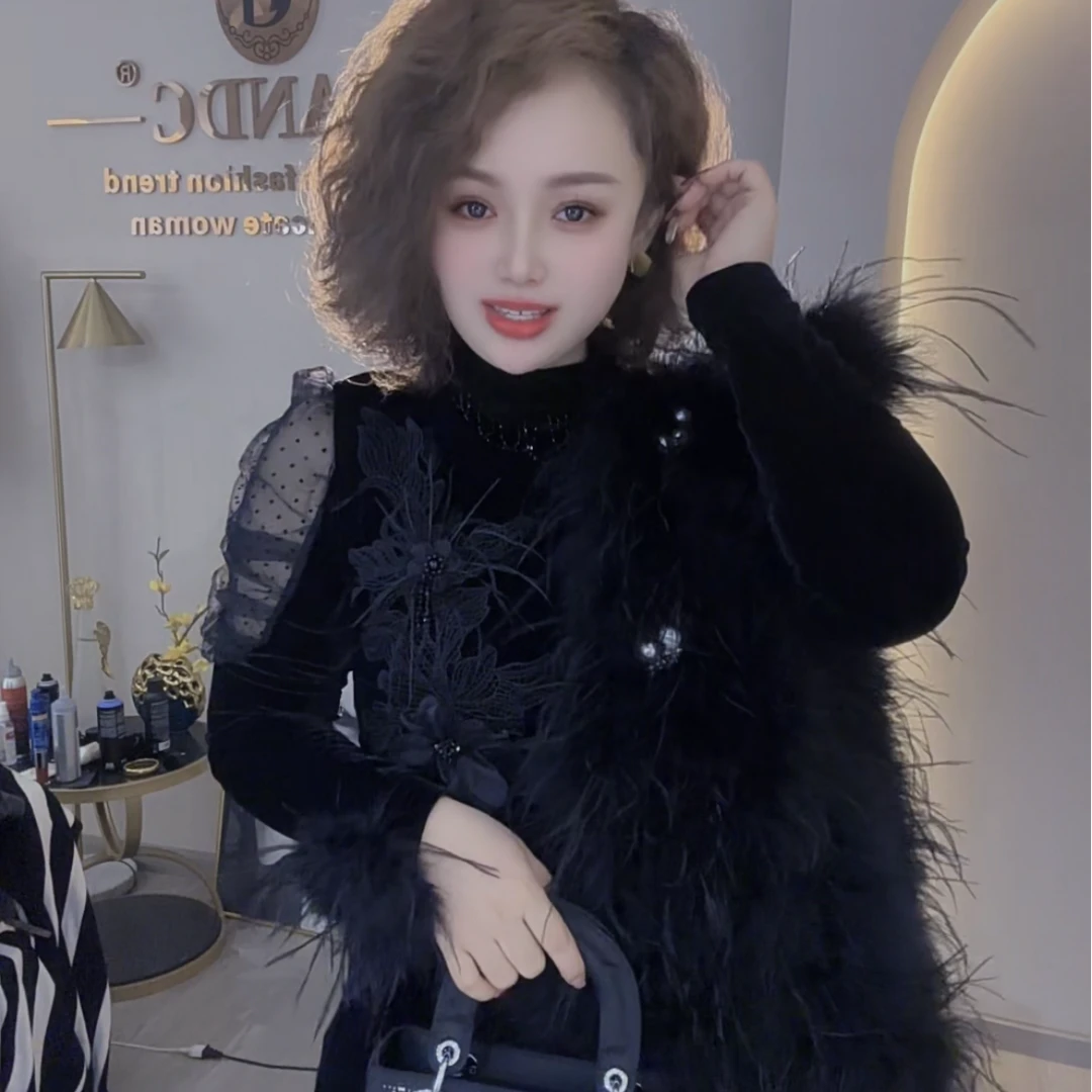 【GANDC】秋冬气质设计感驼鸟毛袖显瘦丝绒打底上衣GC2022001