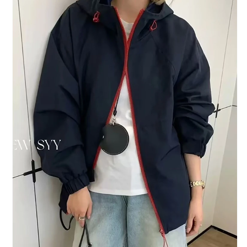 欧洲站冲锋衣女2025春季新款韩版拼色边拉链宽松连帽户外休闲外套