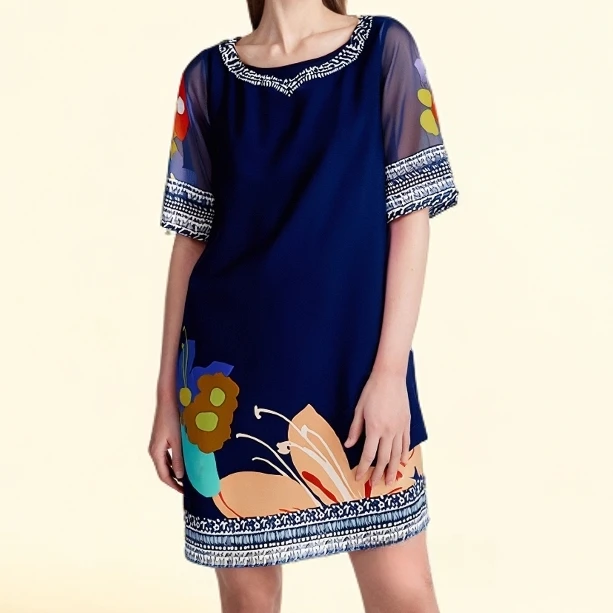 02037（P/X码）夏季女士印花短袖连衣裙软糯舒适宽松中长裙休闲百搭