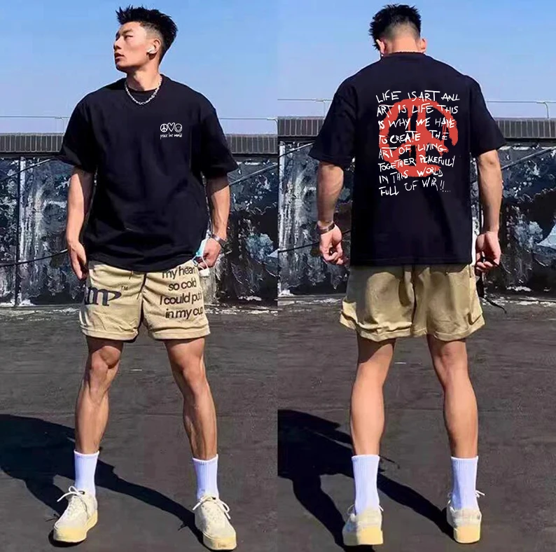 重磅美式潮牌男装印花纯棉T恤ins慵懒风夏季青年男士休闲宽松短袖