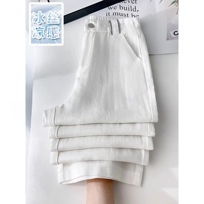 白色冰丝裤子女2025新款夏季薄款天丝亚麻小个子爆款棉麻梨形身材