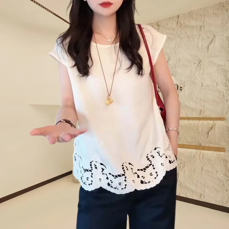 高档蕾丝花边设计短袖T恤女2025新款爆款欧货时尚减龄飞飞袖上衣