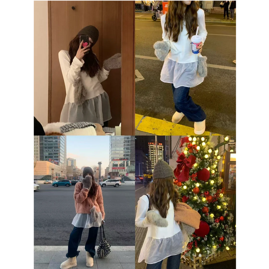 3787•网纱T# SY# 东大门圆领德绒果冻花苞打底衫•