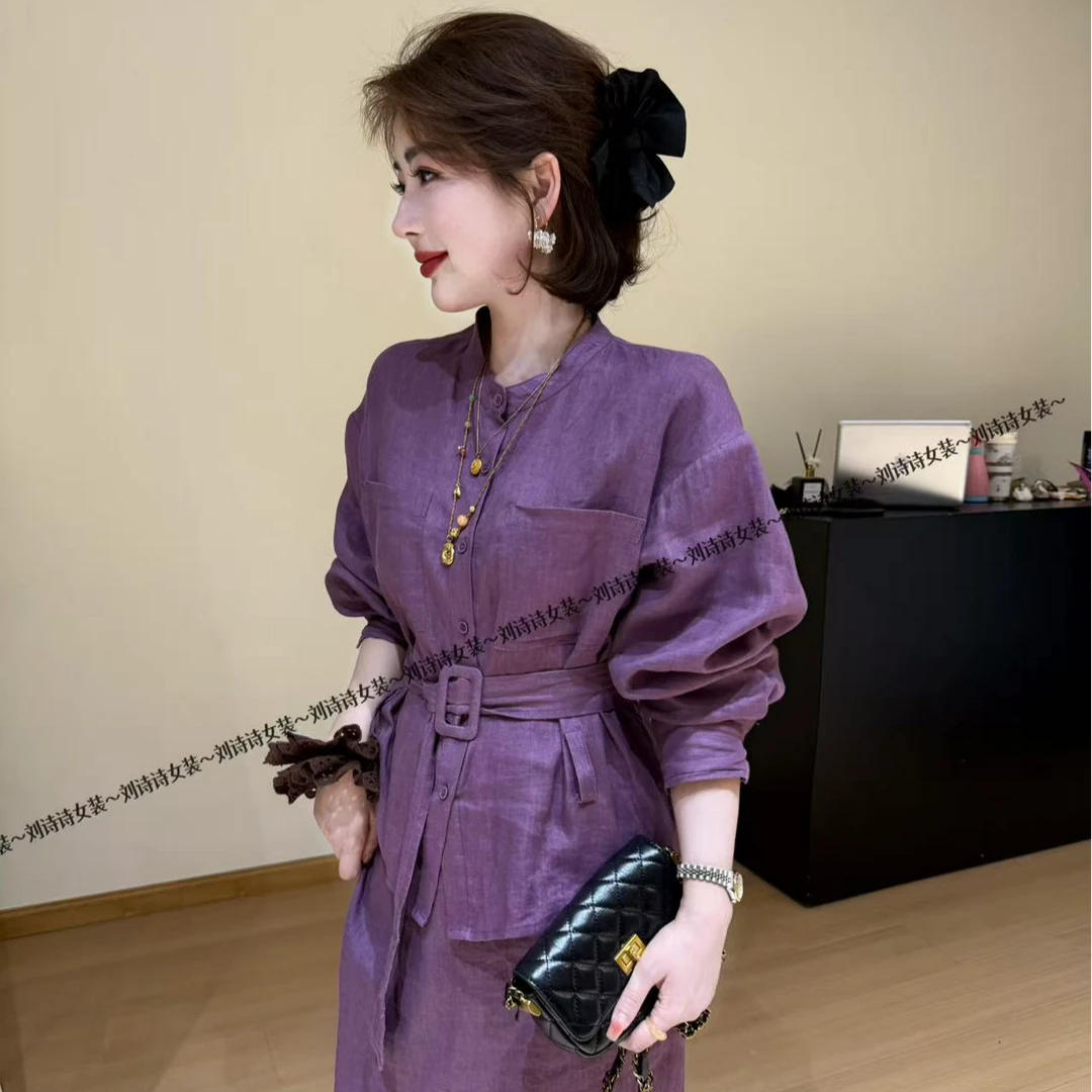 8815诗诗家推荐法式立领亚麻设计感收腰纯色上防晒衬衫