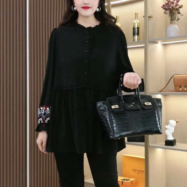 丹思慕大码女装显瘦洋气春秋装刺绣长袖宽松气质优雅上衣ZB4688