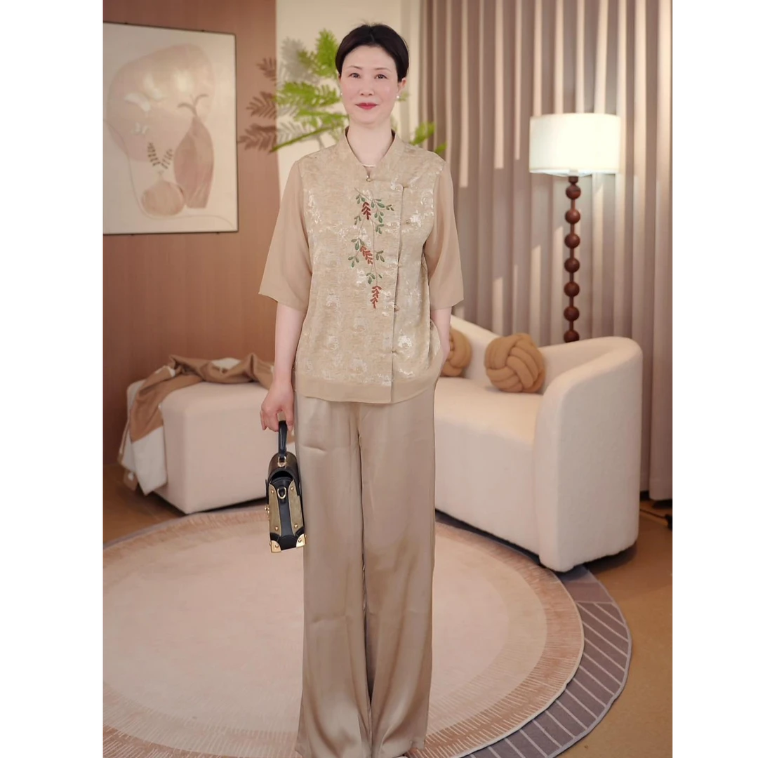 印象故事中老年妈妈夏装套装2025新款新中式国风衬衫旗袍两件套女