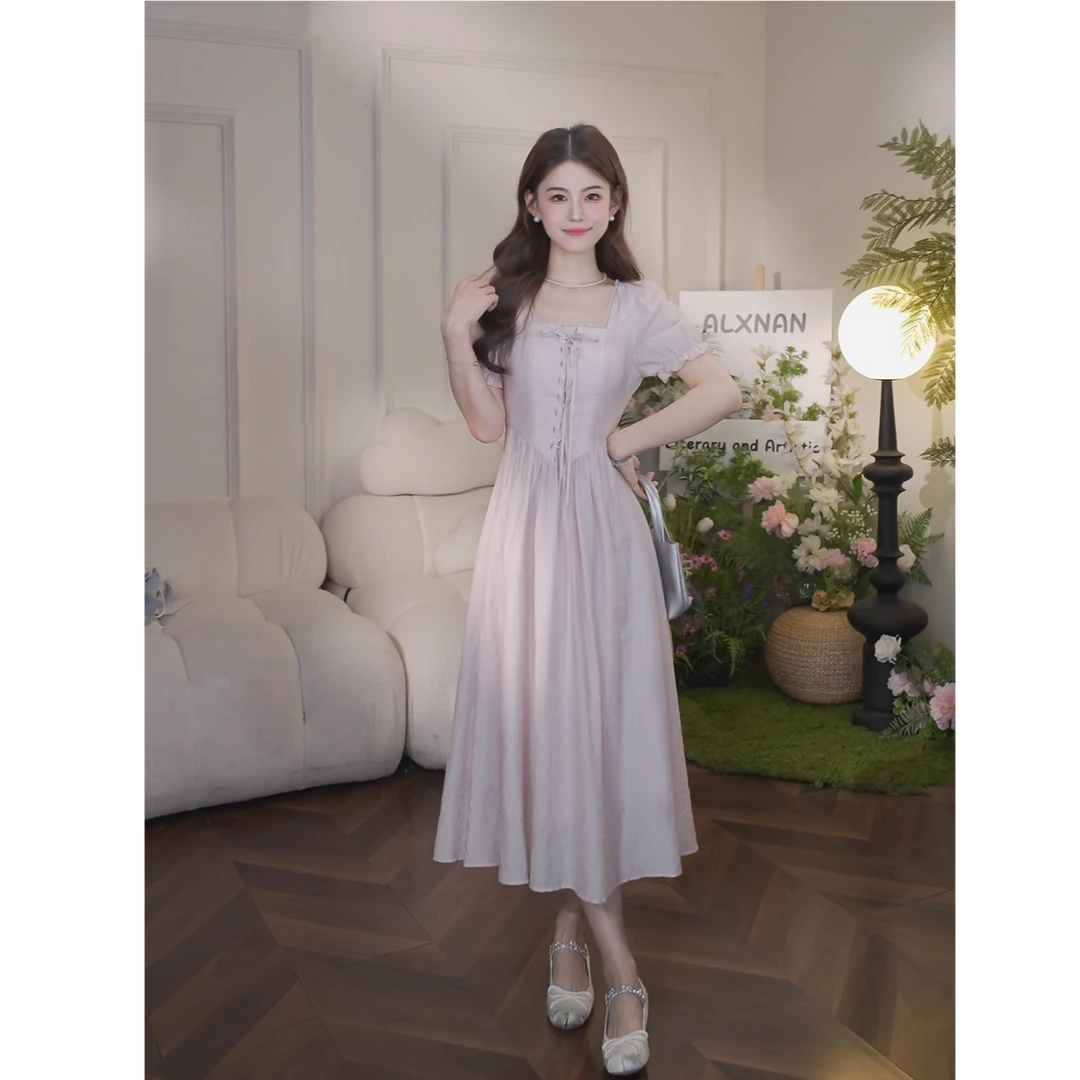 鹿向南【漫天飞花】法式方领A字连衣裙女2025夏季新款气质中长裙