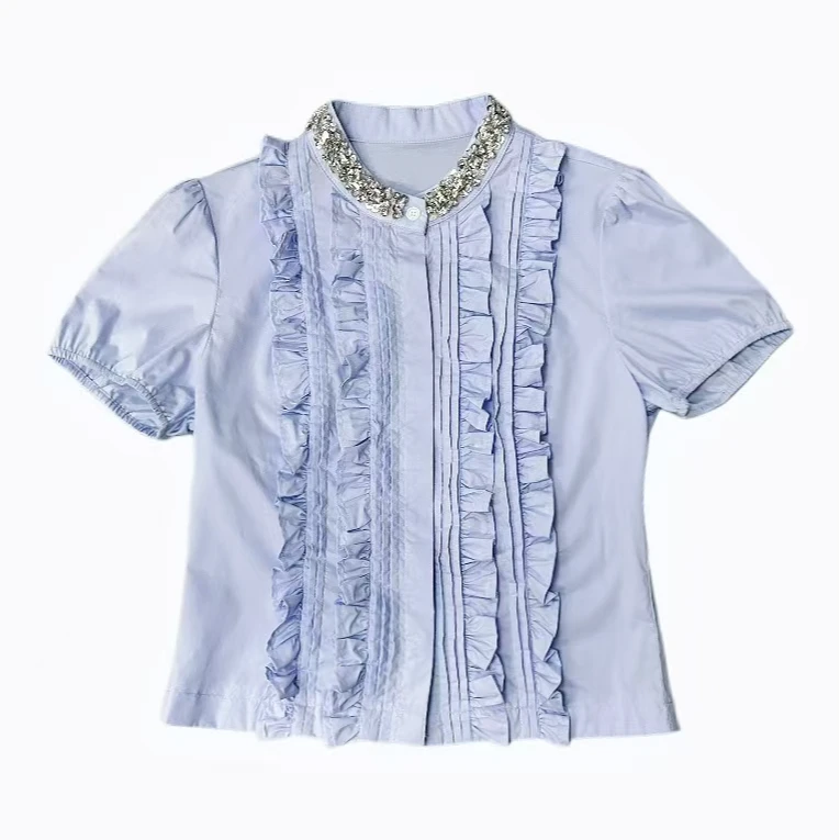 <猪猪出品>2025春夏上新蓝色时尚百搭夏季荷叶边镶钻圆领衬衫508
