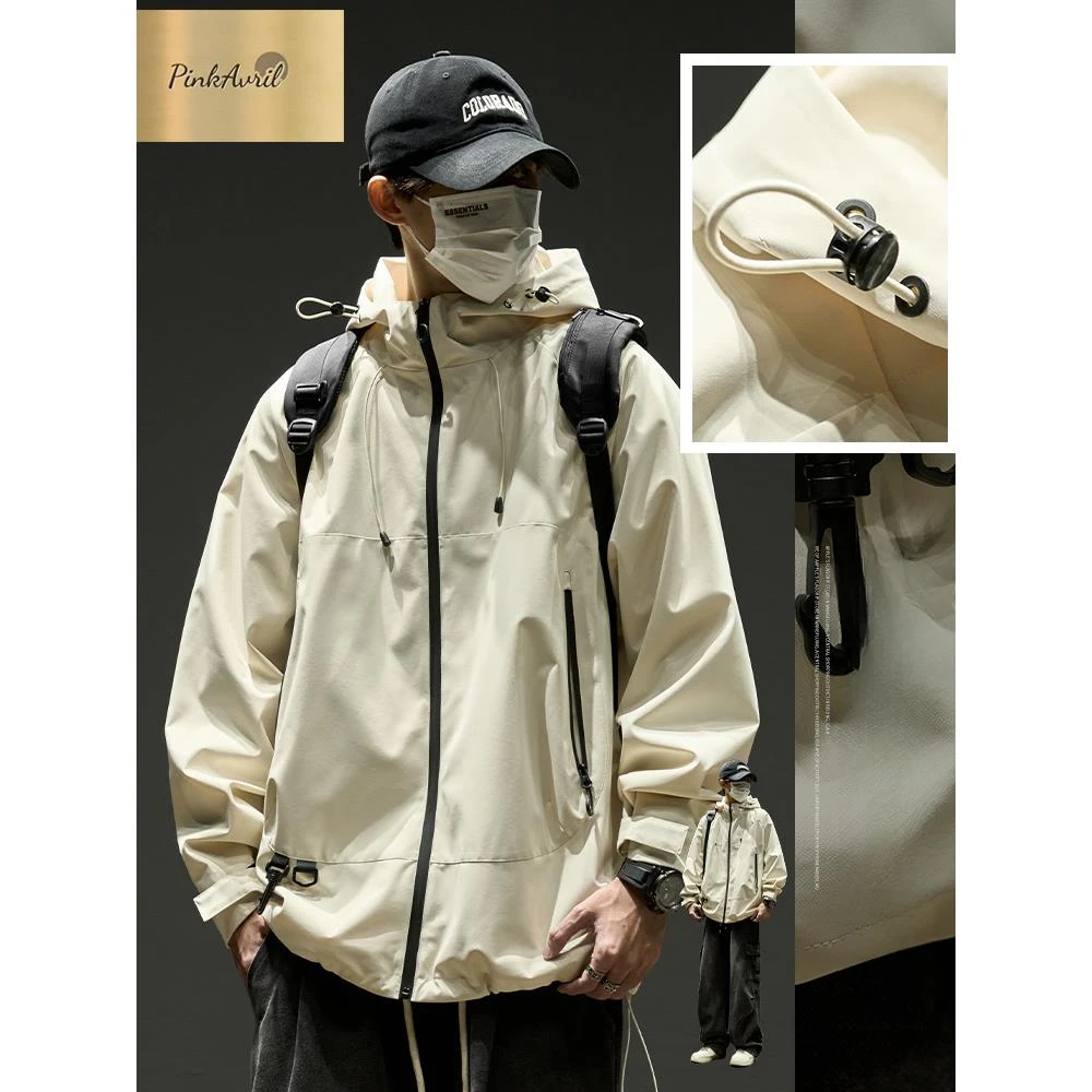 PinkAvril秋季连帽防风日系工装冲锋夹克潮流户外防水宽松上衣