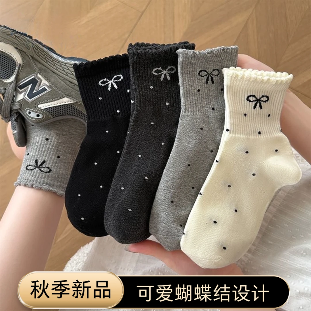 袜子女纯棉100%全棉防臭日系蝴蝶结刺绣中筒袜学生女款无骨月子袜