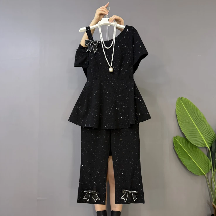 新款大码女装时尚洋气蝴蝶结上衣十八分开叉裤两件套套装