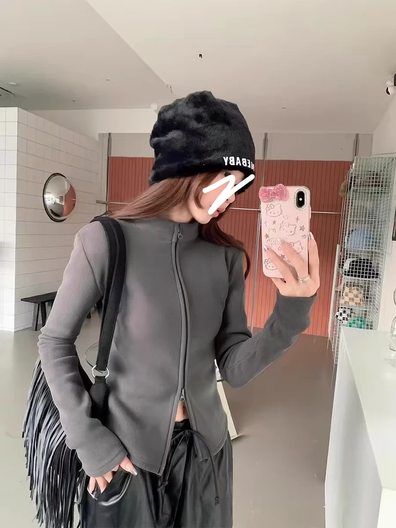 【美式双拉链】加绒外套女立领修身掐腰开衫