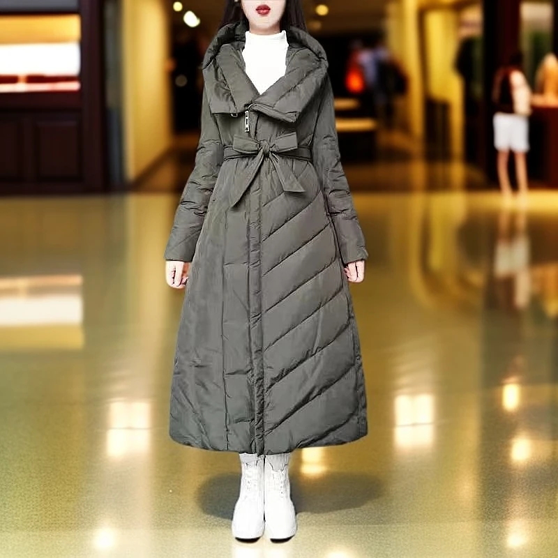 断码yaya修身显瘦连帽保暖过膝女士收腰长款加厚冬季