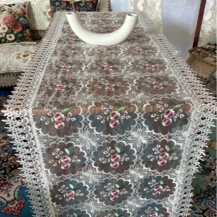 ZN040-77丝光线【60*250】白底粉梅花刺绣高织高密玻璃砂桌茶几布