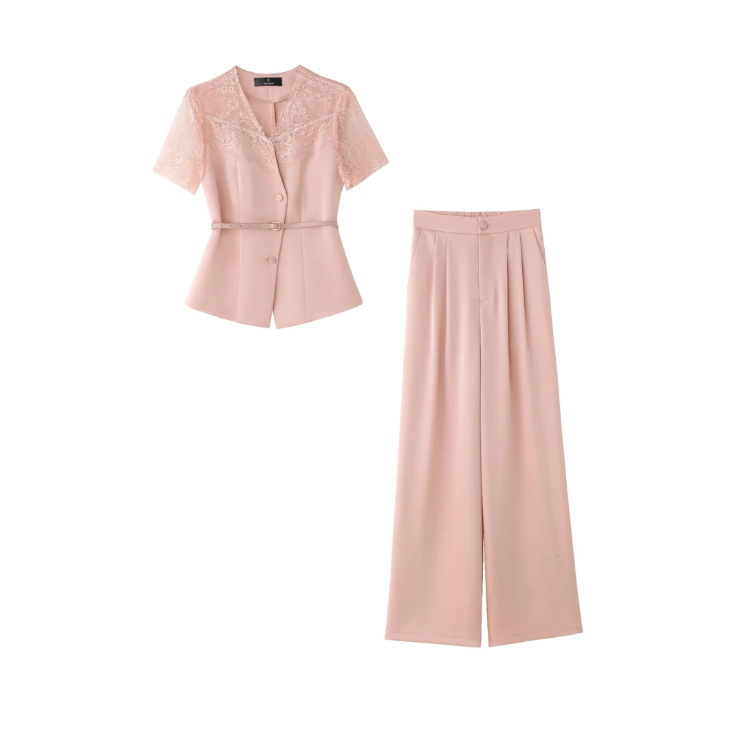 【纪朵研】869# 夏季新款蕾丝拼接短袖上衣阔腿裤女装时尚套装
