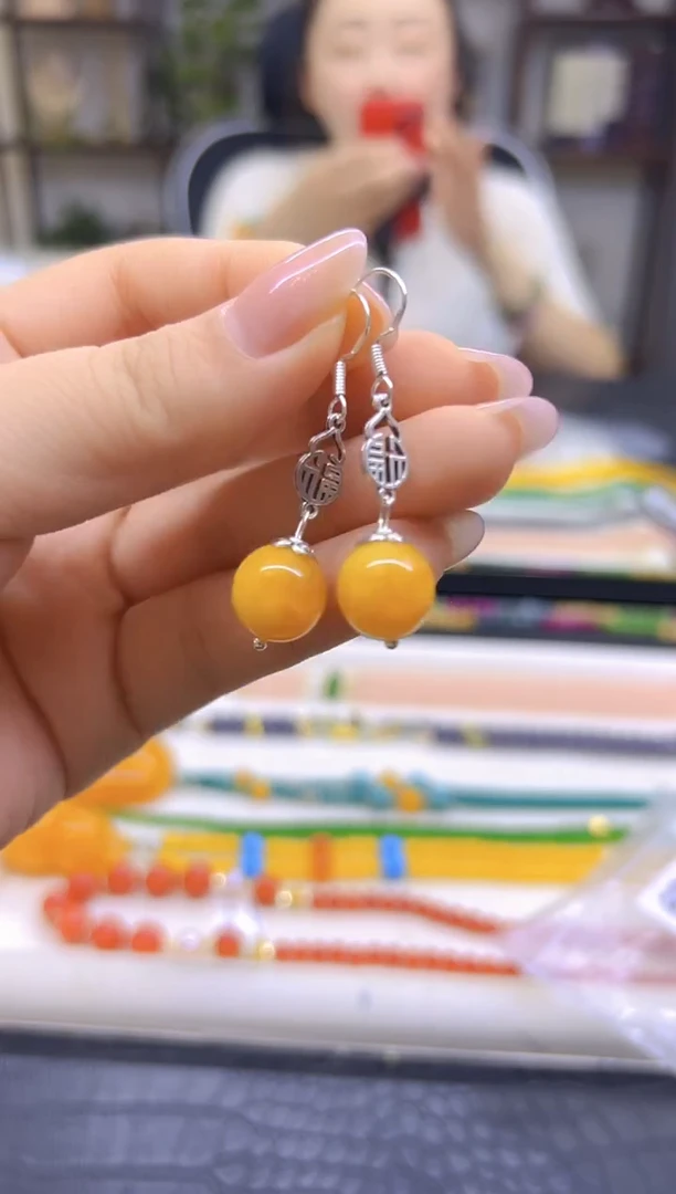 蜜蜡银S925镶嵌耳饰DIY款E898