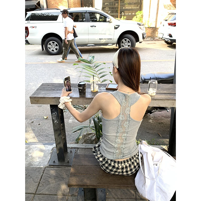 【无尽长夏】春夏工字蕾丝U领辣妹纯色灰色背心251H0712