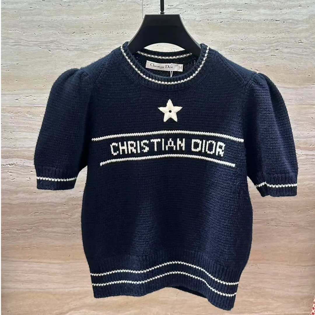 95新 DIOR/迪奥 藏蓝色五角星字母针织短袖 38码/公16000/157563