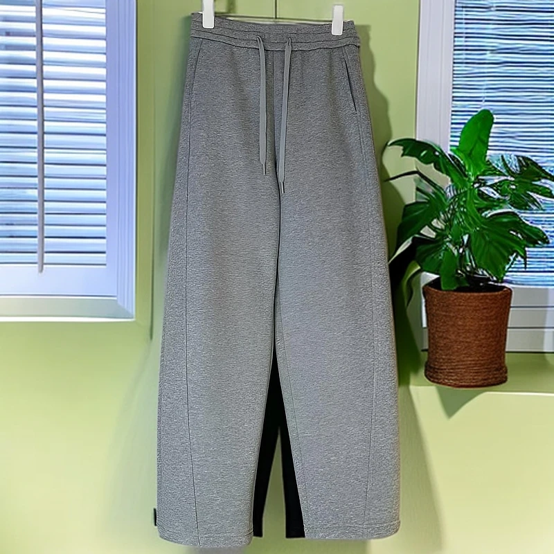 2024年秋冬外穿针织休闲百搭宽松加绒灰色抽绳弯刀裤