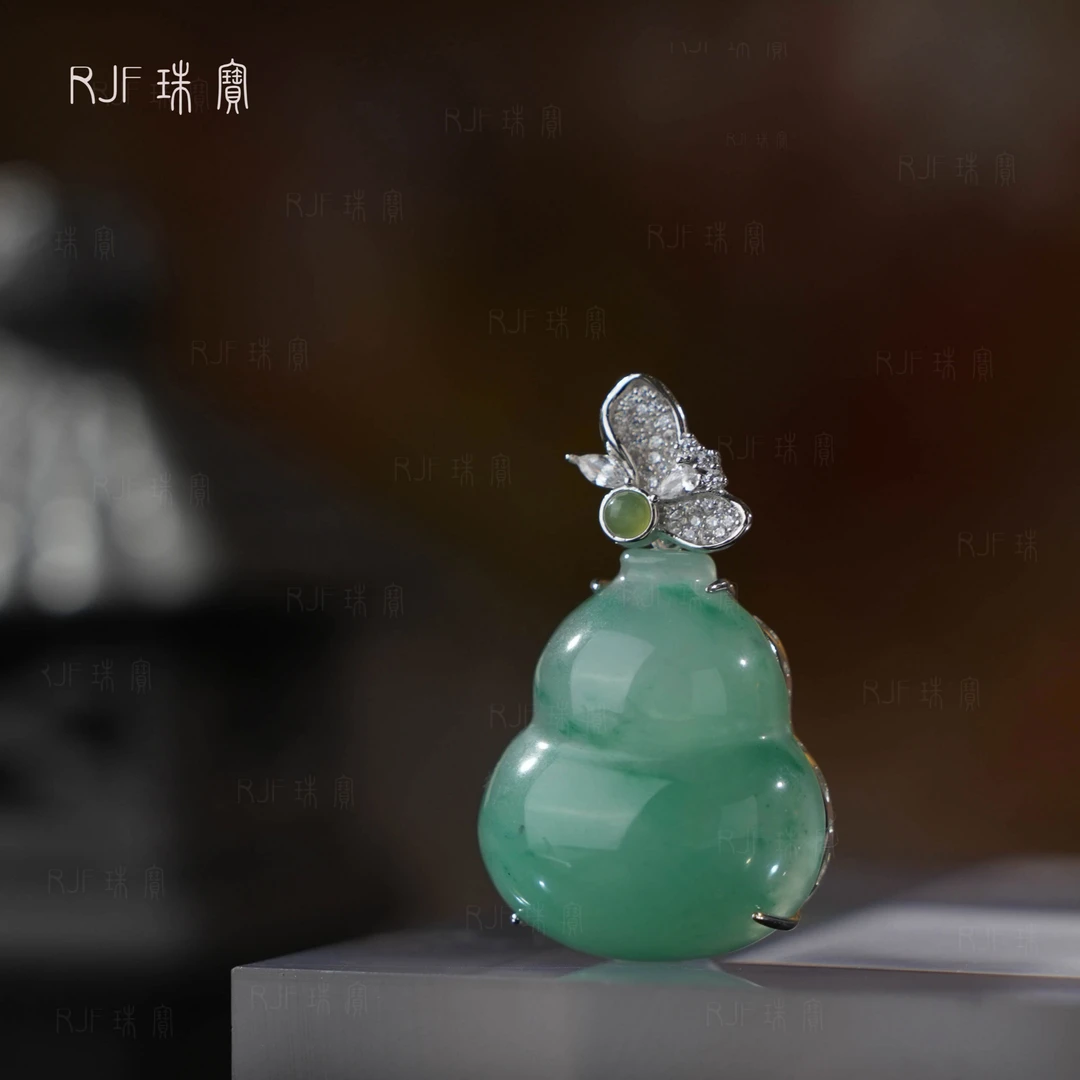 RJF【翠源浓-浅】天然非洲翠冰阳绿气质精美银葫芦吊坠（天然多样性）