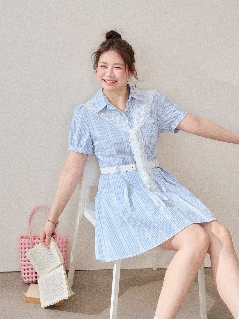 大码女装胖妹妹mm显瘦气质连衣裙元气学院风格子衬衫裙8381/8378