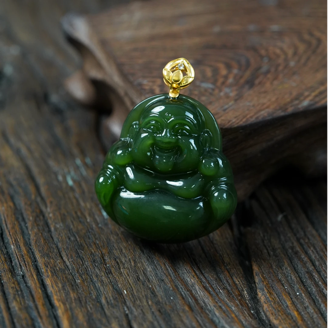 【石缘居珠宝】18K金镶嵌和田玉碧玉佩戴时尚大气款佛公吊坠C22-158