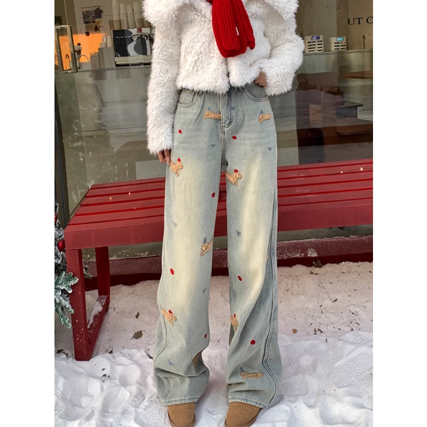 【YYYS】卡通腊肠狗立体刺绣阔腿牛仔裤女2025春季高腰显瘦长裤