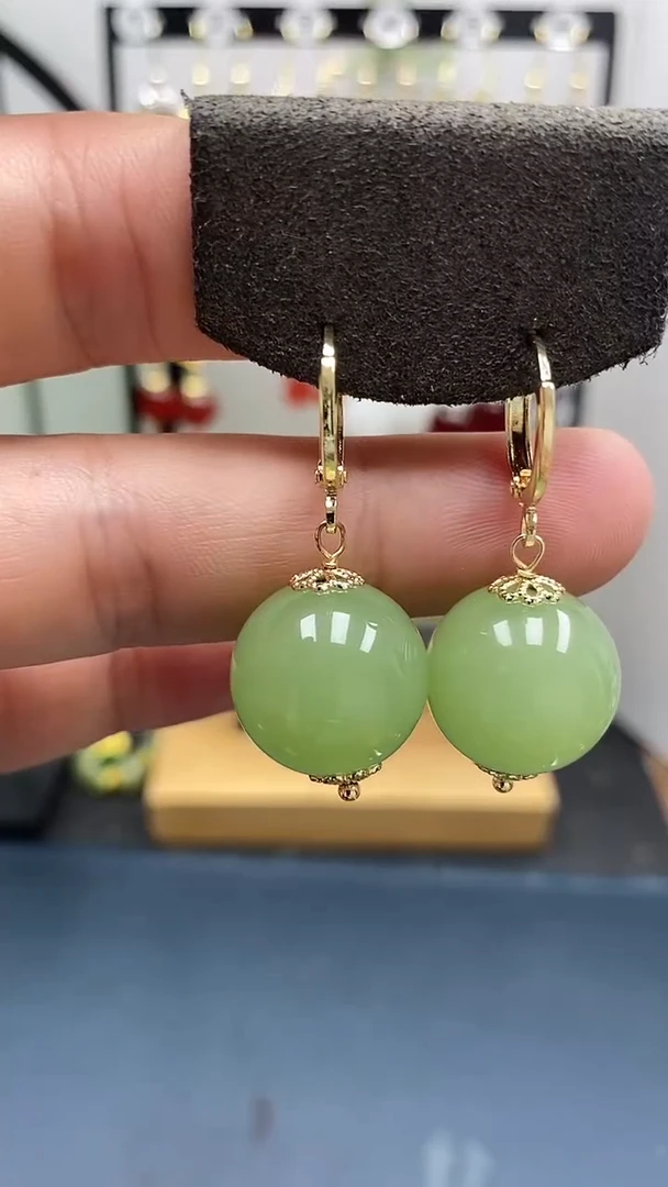 和田玉银S925镀金镶嵌耳饰尺寸16mm耳扣33