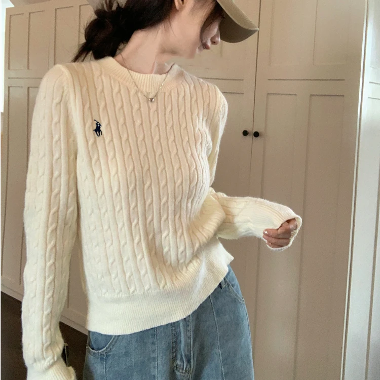 韩系圆领小马刺绣麻花针织衫毛衣女秋冬新款显瘦时尚百搭长袖上衣
