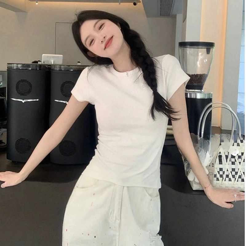 白色纯欲短袖t恤女夏季修身显瘦圆领正肩辣妹上衣洋气时尚百内搭