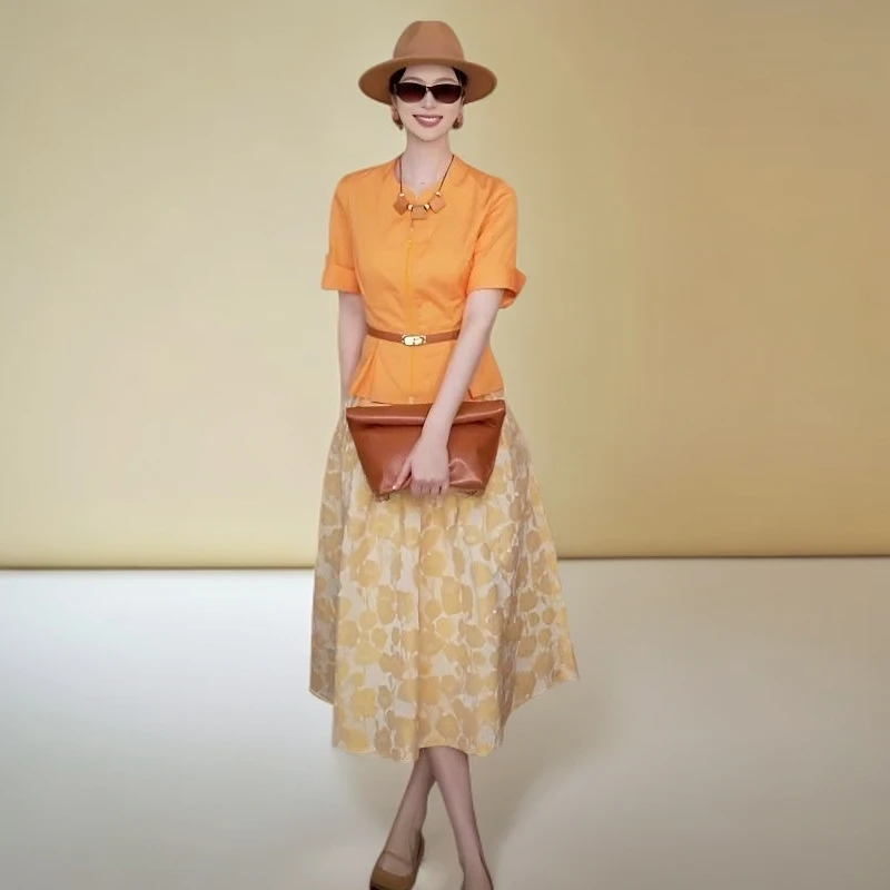 2025复古夏装一整套多巴胺穿搭巨好看的橘色裙子职业套装女高级感