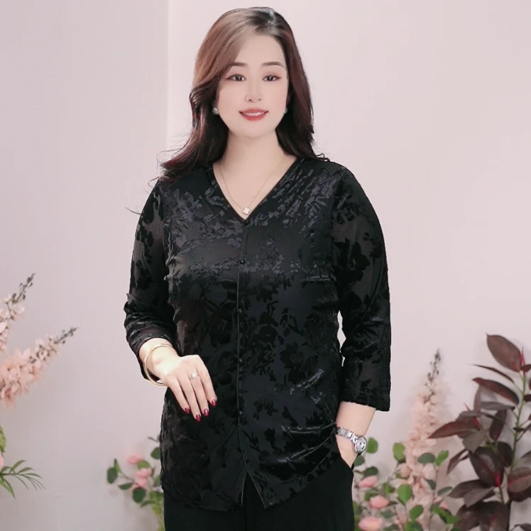 司缪【W5277】轻奢大码女装妈妈装气质小衫纯色百搭洋气V领小衫