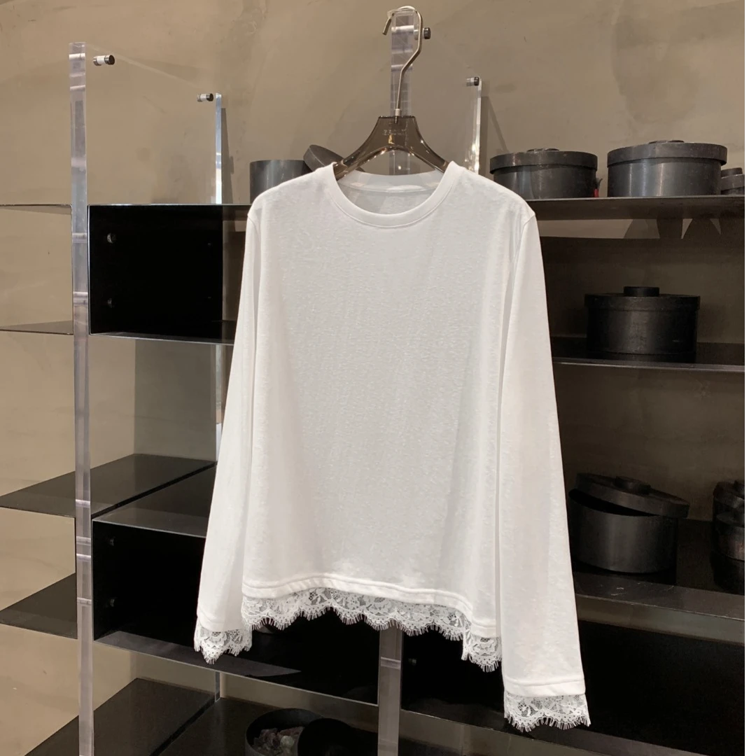 随性风25春夏轻薄透气蕾丝花边拼接圆领长袖T恤女 T8610