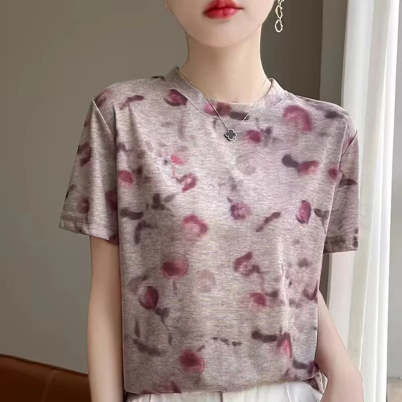 2025夏季新款印花短袖t恤T恤女时尚轻薄打底上衣女士扎染休闲半袖