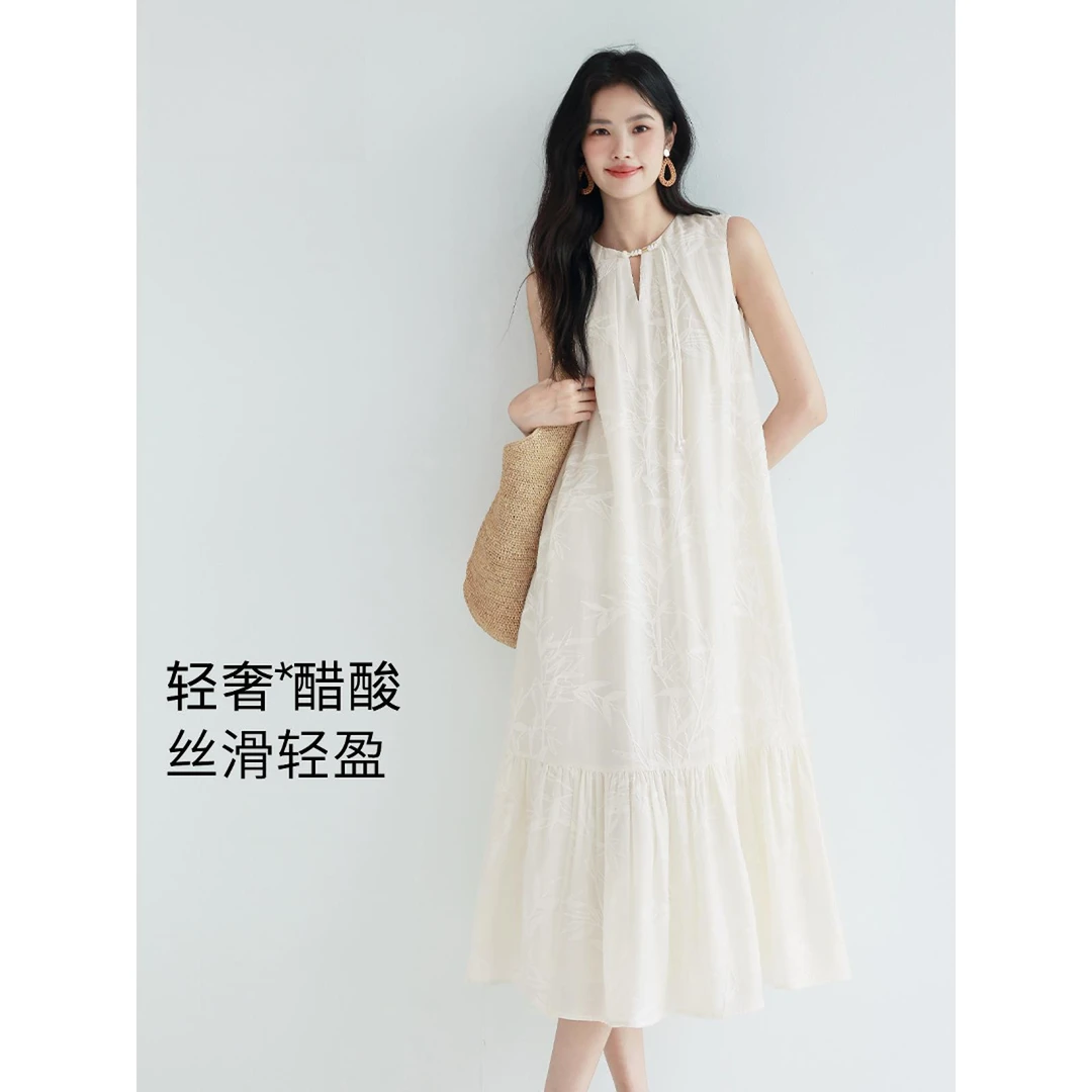 伊家同款新中式设计感竹叶绣花气质无袖醋酸连衣裙女2025夏季新款