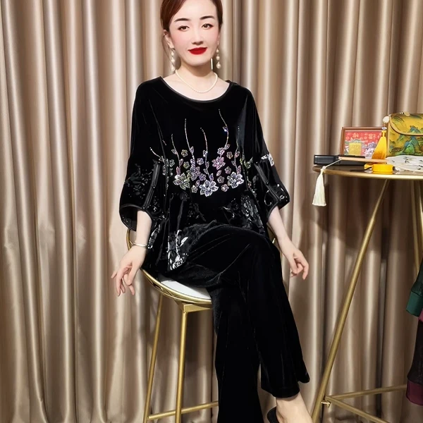 2531秋冬新款时尚烫钻收腰显瘦大码丝绒小衫50岁60岁妈妈减龄上衣