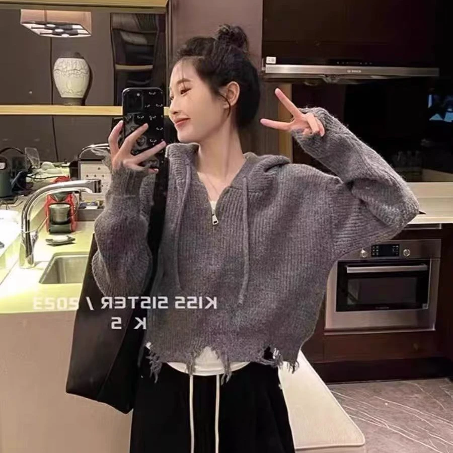 设计感破边流苏毛衣女秋冬新款韩版宽松连帽拉链套头短款针织上衣
