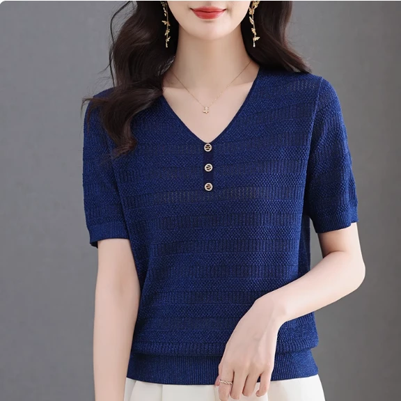 夏季镂空短袖T恤针织衫女士宽松V领冰丝打底衫妈妈配裙子上衣小衫