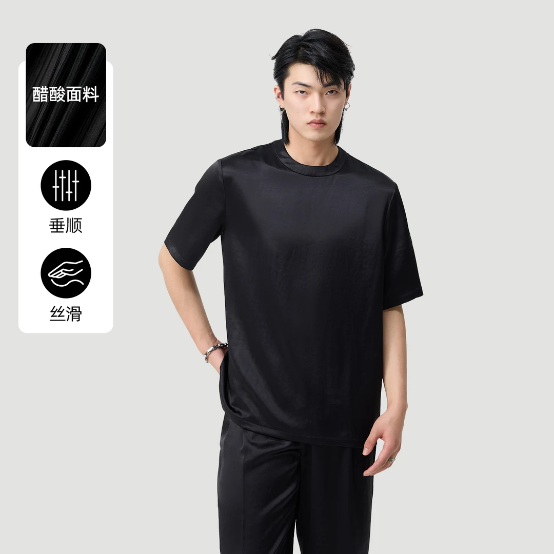 HERBEL/黑白2025夏季薄款醋酸短袖T恤拉链款休闲男士拉链短袖t恤