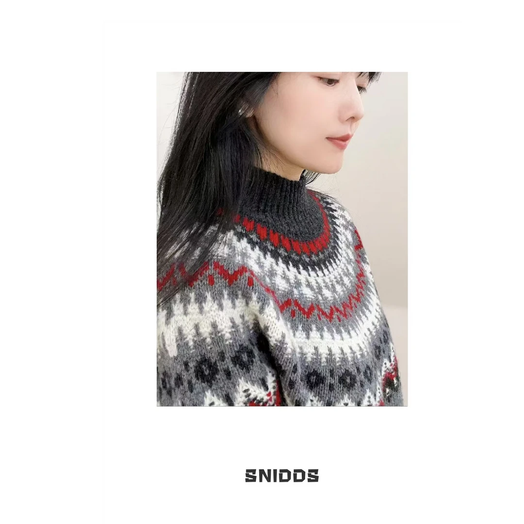 12/20  女士秋冬  圣诞费舍尔提花半高领羊毛针织毛衣